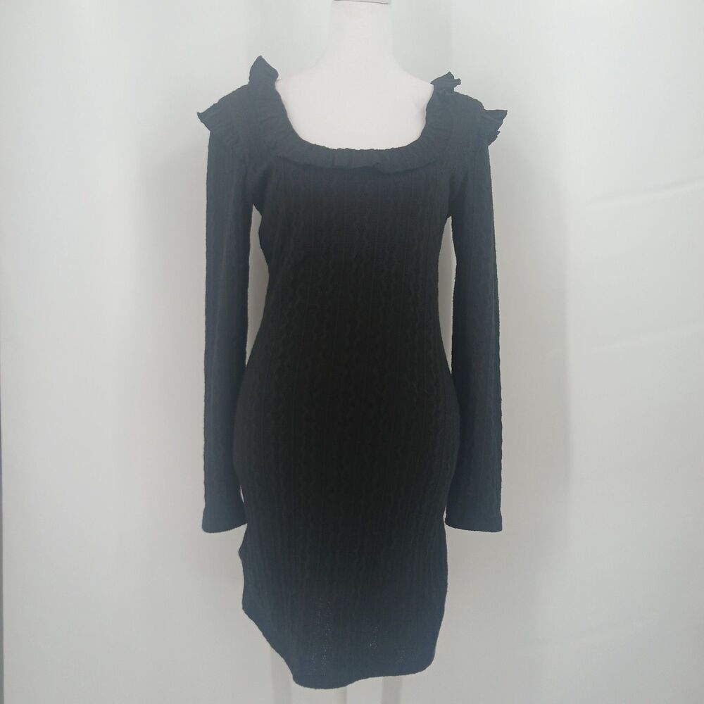 womans 19 cooper size small black long sleeve midi sweater dress ruffle neckline
